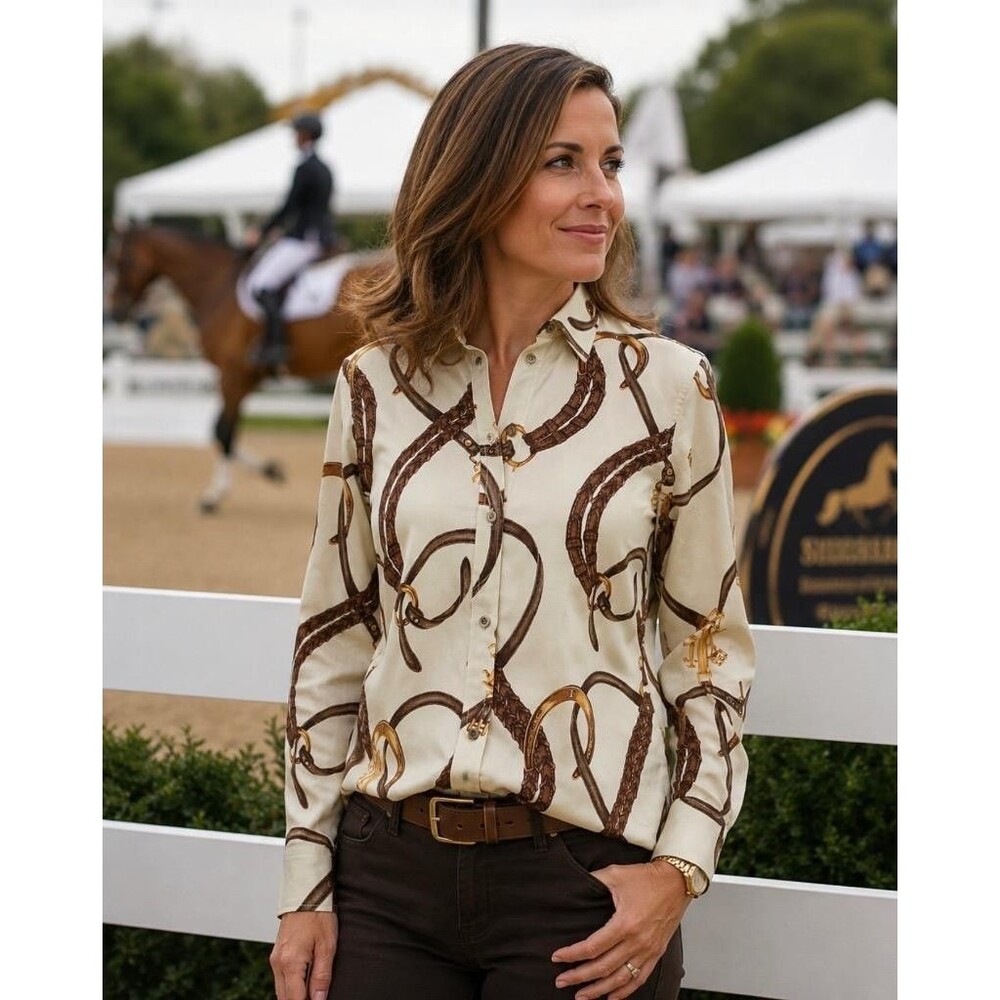 Lauren Ralph Lauren Equestrian Shirt Womens M Ivory Brown Horse Bit Bridle Top